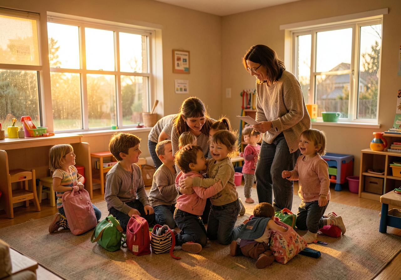 Family grouping occurs again after late snack as the children prepare for the end of the day.
